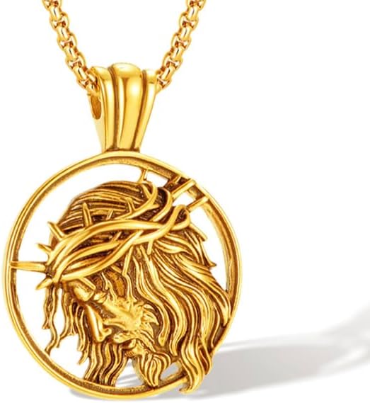 Gold Plated Jesus Christ Coin Necklace Medallion, Christian Prayer Crucifixion Pendant, For Men, Him, Boyfriend 22 Inch | Cadenas Para Hombres