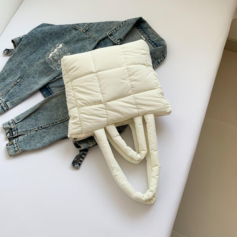 CRGANGZY Puffer-Einkaufstasche for Damen, schicke Hobo-Tasche, große Kapazität, weiche Wolken-Einkaufstasche, leicht, gepolsterte Schulterhandtasche, einfarbig, stilvolle Pendlertasche (weiß
