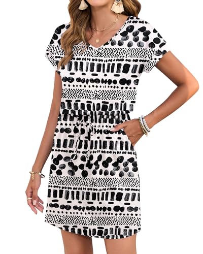 Image of AUSELILY Womens Summer Mini Dress, Short Sleeve V Neck Drawstring Casual | Tshirt dress with drawstring waist and pockets. Ideal sundress for daily outing, beach and vacation