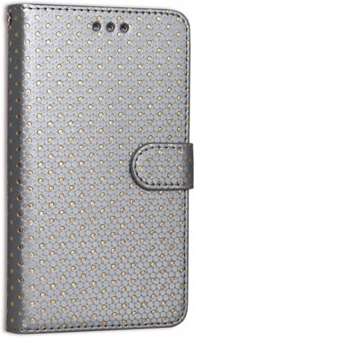 PH26 Etui Housse Folio pour Motorola Moto G Fast à Pois dorés en éco-Cuir avec Porte Cartes, Miroir et surpiqures Apparentes - Argent