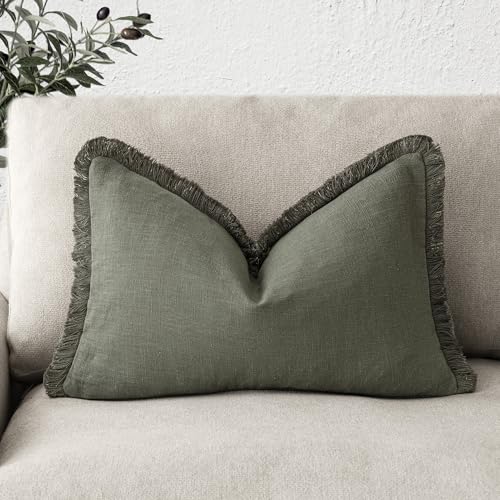 Image of Foindtower Decorative Linen Fringe Lumbar Throw Pillow Covers Cozy Boho Farmhouse Cushion Cover with Tassel Soft Accent Pillowcase for Sofa Bed Living Room Home Decor, 12x20 Inch, 1PC, Olive Green