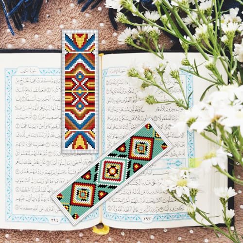 Image of BEUNITONE Cross Stitch Bookmarks Kit 6 Pcs Geometric Pattern DIY Bookmarks Cross Stitch Kits for Beginners Boho Floral Fabric Bookmark Kit Traditional Decorative Counted Knitting Kit 8''x2.4''