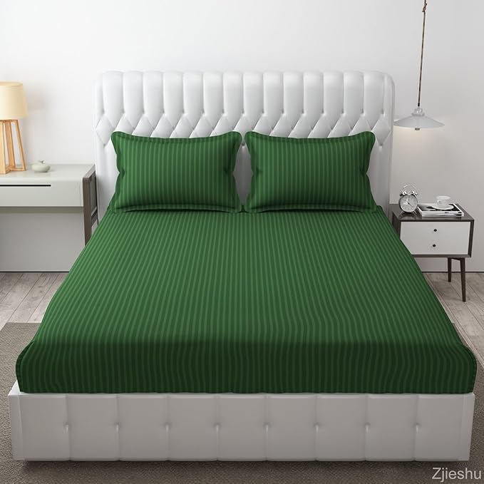 Image of DECOR2ADMIRE 300 TC Premium Glace Cotton All Round Elastic Fitted Plain Stripe Pastel Shades Queen Size Bedsheet with 2 Pillow Covers (Dark Green, Queen 90 inch x 100 inch)