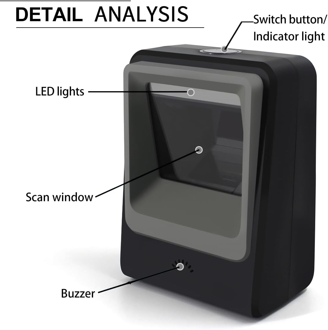 Diagram of Symcode Barcode Scanner components: Switch button/Indicator light, LED lights, Scan window, Buzzer