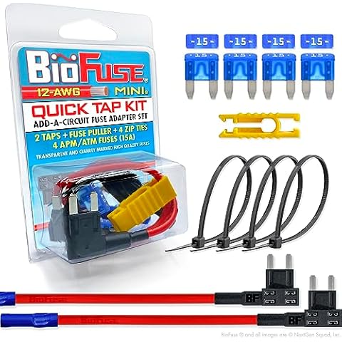 BioFuse 12 AWG Mini APM ATM Quick TAP KIT: 2 Add-A-Circuit Car Fuse Tap Adapters, 4 (15A) Blade Fuses, 4 Zip Ties + Fuse Puller Cover