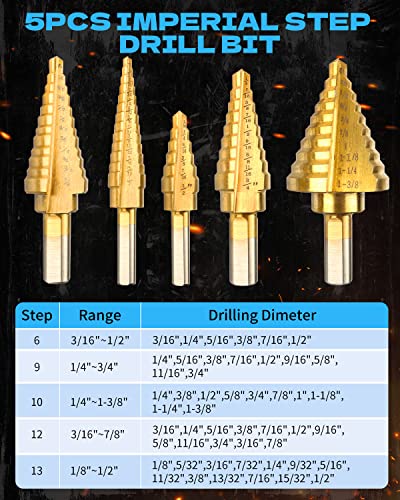 Rocaris 5 Pcs Step Drill Bit Set & 6 Pcs Tap Bit Set, Titanium Coated, 50 Sizes Of High Speed Steel Step Drills For Diy Lovers Metalworking, Woodworking, Hole Drilling, 12 Pack #TOP1