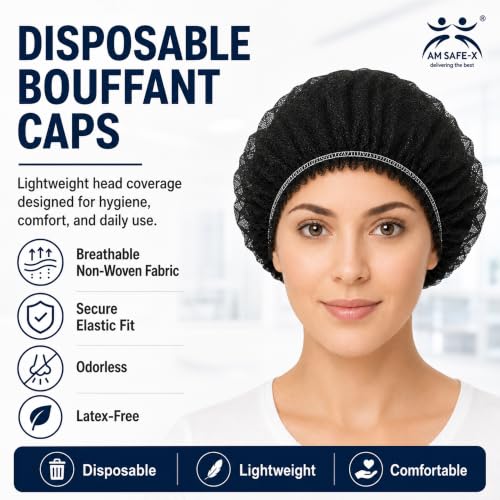 Image of AM Safe-X Disposable Blue Non-Woven Hair Net for Women & Men 50 Pcs | Elastic Bouffant Cap | Lightweight, Breathable & Dust-Proof Hair Cover | Ideal for Food Processing, Hospitals, Salons, Spa|Black