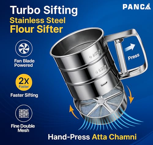 Image of PANCA Stainless Steel Flour Sifter | Hand Press Atta Chhani with Handle | Large Capacity Corrosion-Resistant Flour Sieve Cup for Baking, Sugar, Wheat, Maida & Powdered Ingredients (1 Pc, Silver)