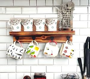 Treegift Coffee Mug Rack Tea Cup Stand Utensil Rack Spoon Holder with 4 Metal Hooks for Kitchen Wall Mount.Pinewood, Size-(16