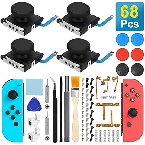 68 Pcs Joycon Repair Kit for Nintendo Switch, Switch Joystick Replacement 3D Analogue Thumb Stick, with Joycon Replacement Parts, PH000 Y1.5 Screwdriver, L ZL ZR SL SR Button Flex Cable, Pry Tools Cover