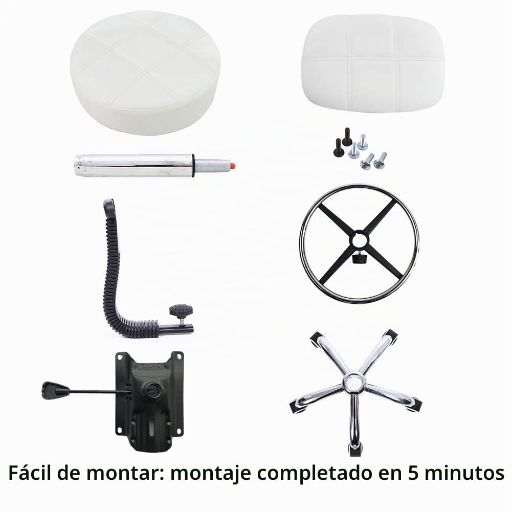 KKTONER Taburete de Laboratorio de Cuero PU Giratorio Redondo Silla de Trabajo con Respaldo Ajustable en Altura (Blanco)