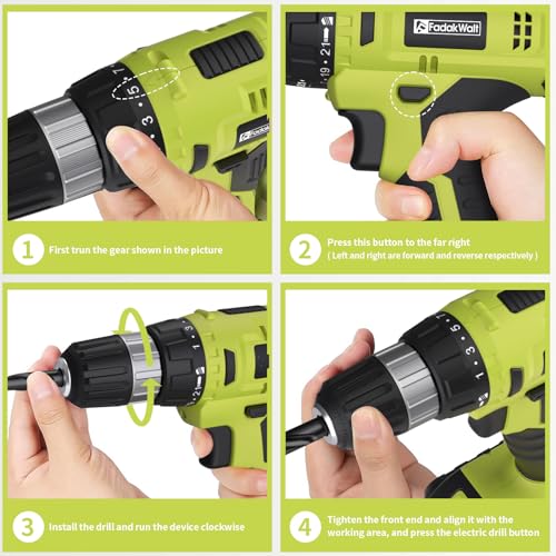 FADAKWALT Cordless Drill Set, 20V Electric Power Drill with Battery And Charger, Torque 30N, 21+1 Torque Setting, 3/8-Inch Keyless Chuck, Drill Driver Bits Kit, with LED - Image 5