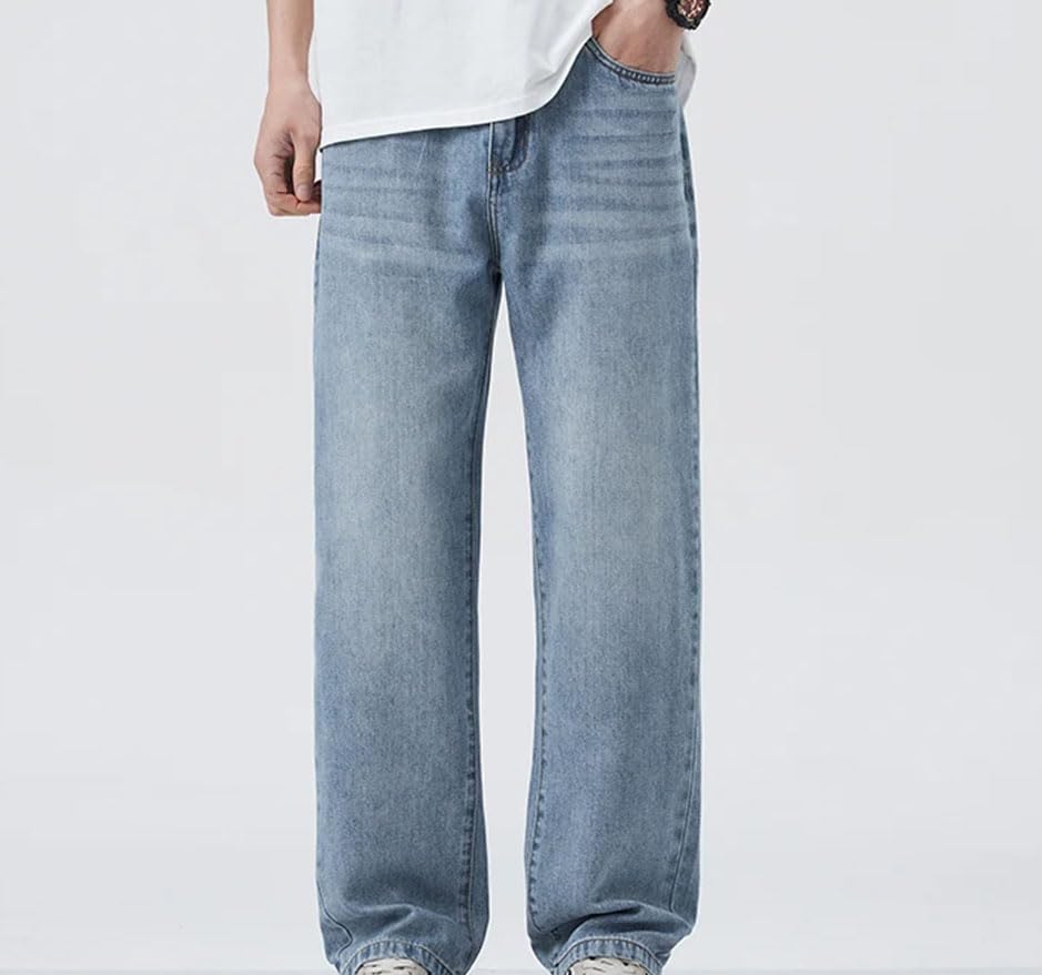 Men’S Elastic Waist Jeans Mid Waist Straight Leg Casual Pants Denim Ankle Length with Zipper Jeans3