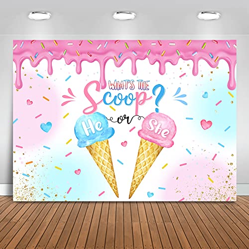 Mocsicka Ice Cream Gender Reveal Backdrop What's The Scoop Background Summer He or She Gender Reveal Party Decorations Banner Photo Studio Props (7x5ft)