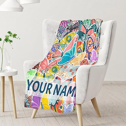 Personalized Butterfly Blanket Gifts with Name - 50"x60" Cute Throw for Women, Girls - Colorful Soft Fuzzy Blankets for Bed, Couch & Living Room