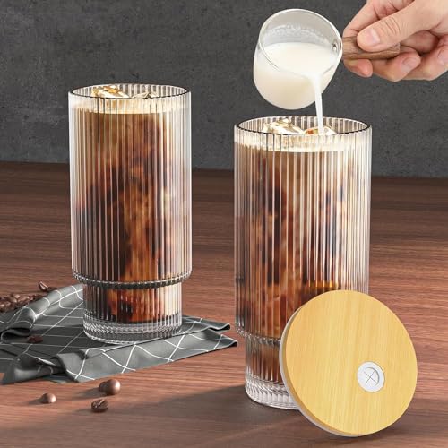 Image of Kamvy Ribbed Glass Tumbler with Bamboo Lids and Straw Pack of 1, Aesthetic Coffee Mug Sipper Bottle,Glass Drinking Cup for Iced Green Tea, Juice, Cocktail, Water Clear Travel Mugs (Stripe)