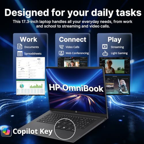 Image of HP OmniBook 17.3 inch FHD Laptop, Intel Core Ultra 7 255U, 16GB DDR5, 2TB Storage (1TB SSD+1TB Docking Station), Intel Graphics, Backlit Keyboard, Copilot+ PC, Win 11 Pro, Mica Silver