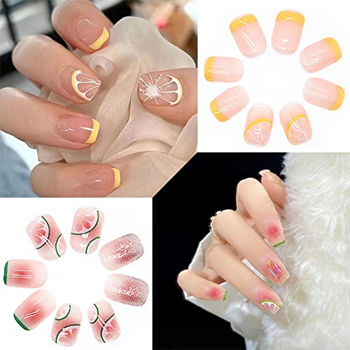 Fruit Press on Nails Short Lemon & Lime Pattern Fake Nails Glossy French Yellow & Green Tip Design Full Cover Nail Tips Rhinestones Acrylic Nails Stick on Nails Manicure DIY for Women Girls 2Boxes