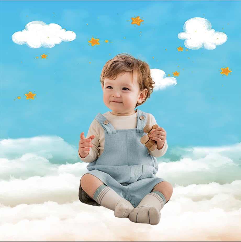 MEHOFOND 7x5ft Blue And White Clouds Boy Photo Backdrop Toy Bear