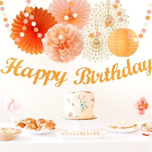 Image of Orange-Beige Fal Boho Birthday Party-Decorations - 21pcs Autumn One Two Sweet Peach Happy Banner,Girls Groovy Paper Streamers Lanterns Honeycomb,Tissue Pom Poms Fan,Hippie Garland Decor Huglony