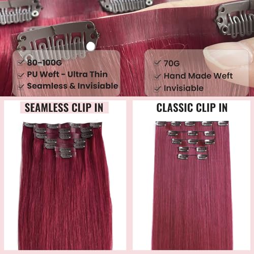 Image of Hair Extensions Burgundy Clip in Hair Extension Real Human Hair Clip on Hair Extensions for Women 18 Inch 100G 7 Pcs