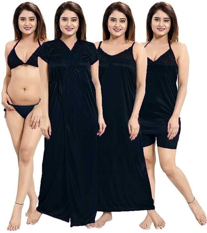 Women's Satin Blend Sleepwear Set | 1 Robe, 1 Nighty, 1 Top, 1 Shorts & 1 Lingerie | Soft & Comfortable Maxi Nightwear Gown for Daily Use, Lounge & Bedtime | Short Sleeve (6pcs)-image-37