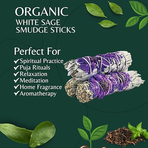 Purple Daze Organic White Sage Smudge Sticks with Flowers for Cleansing Home, Meditation, Yoga, Healing and Smudging | Sustainably Sourced California White Sage Bundles (3 Pack - 4 Inch) - Thumbnail 5