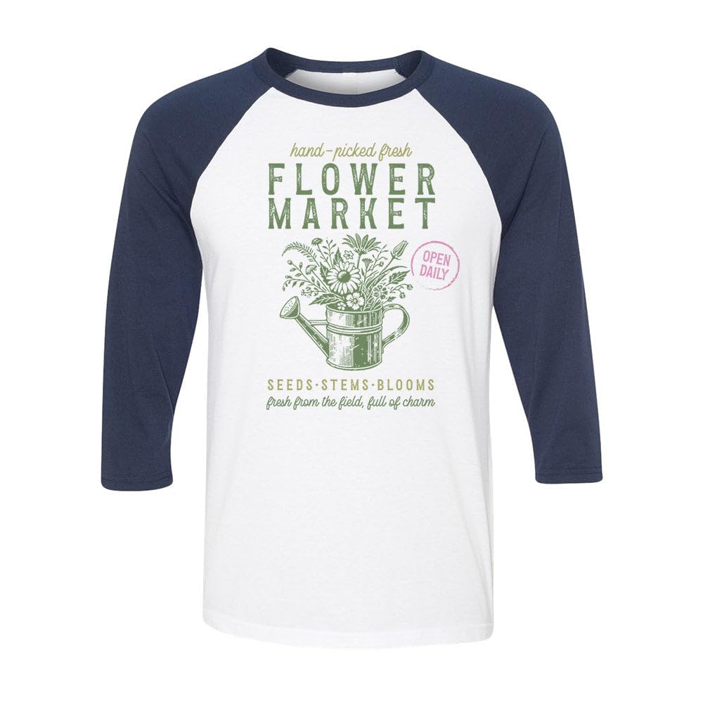 Flower Market Vintage Farm Sign Three-Quarter Raglan Sleeve Baseball Shirt Unisex Small White/Navy