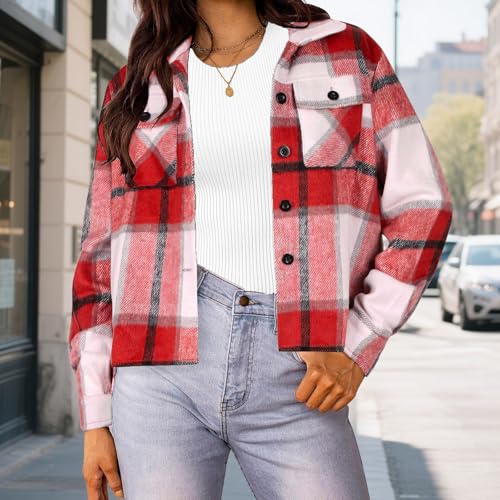 Flannel Shirt Women Long Sleeve Plaid Cropped Shacket Jacket 2025 Trendy Oversized Button down Fall Coats for Casual4