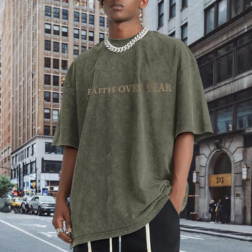 Image of Christian Faith Over Fear Shirt for Men Jesus Religious Shirts Oversized Graphic Tees Acid Wash God T-Shirt