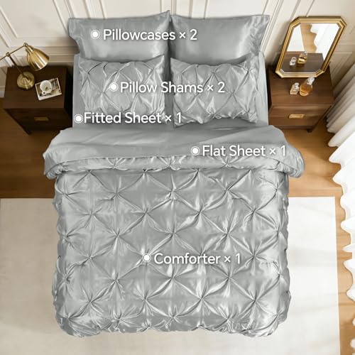 Image of BEDELITE Satin Comforter Set Full Size, 7 Pieces Pintuck Bed in A Bag with Comforter, Flat Sheet, Fitted Sheet, Pillowcases, Shams, Soft Cozy Similar to Silk Bed Set for All Seasons (Grey)