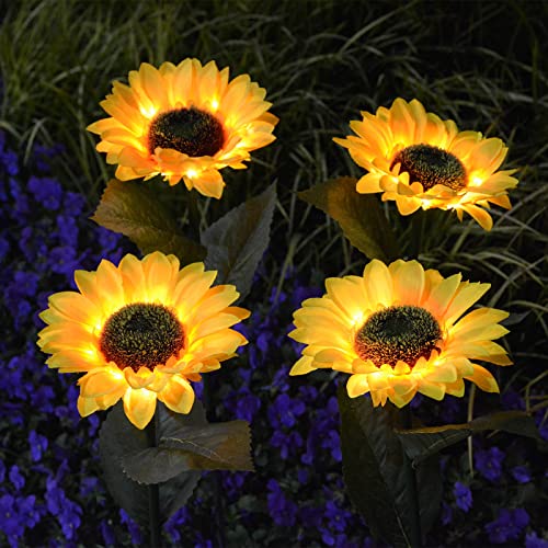 Abkshine New Upgraded 4 Pack Sunflower Solar Lights Outdoor Garden Decorative, Artificial Solar Powered Sunflowers Flowers Lights For Garden Yard Patio Thanksgiving Cemetery Decorations #TOP4