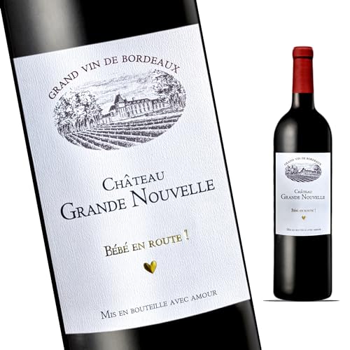 Etiquette Bouteille de Vin Bordeaux d'annonce de Grossesse - Château Grande Nouvelle I Annonce future naissance pour Papy - Mamie - Tonton - Tata - Famille - Amis