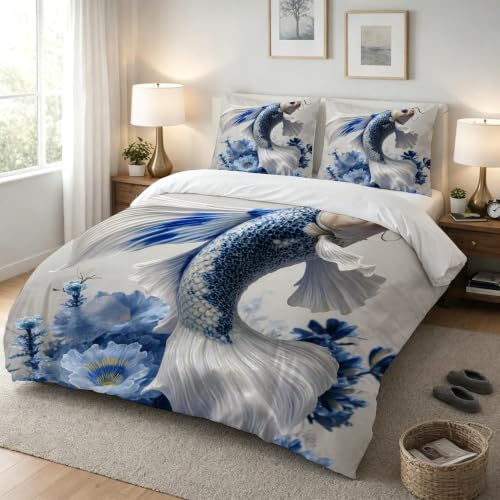 Housse de Couette 140x200 Carpe Koï Bleue en Microfibre avec 2 Taies