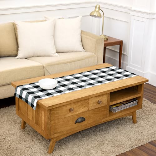 Solino Home Linen Checkered Table Runner 60 Inches - 100% Pure Linen Black and White Buffalo Check Table Runner 14 x 60 Inch Ideal for Dresser and Coffee Tables, Mothers Day