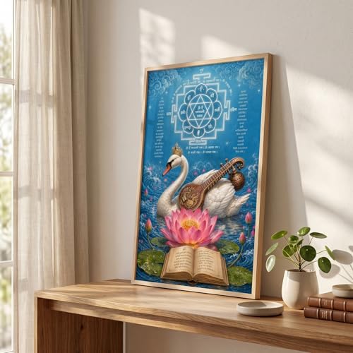 Image of Livin'luxe Saraswati Swan Veena Yantra Wall Painting for Living Room Bedroom Pooja Room Decor with Premium Wooden Color Synthetic Frame, Spiritual Hindu Art Gift (18 x 24) NL01-4090