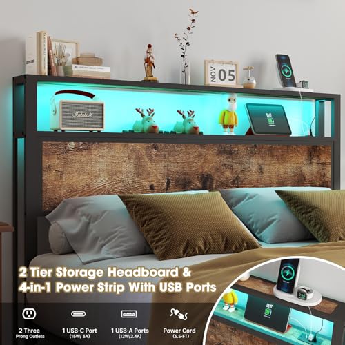 Image of Full Size Bed Frame with Headboard, Metal Platform Bed Frame with LED Lights & Charging Station, Under Bed Storage, Solid and Stable, No Box Spring Needed, Noise Free, Easy Assembly, Vintage Brown