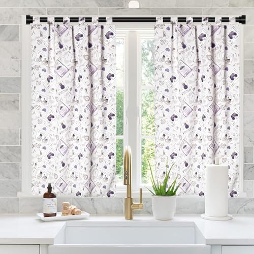 MORE FREE-Cortina Cocina de Estilo Español con Tirantes,Tela Opaca Máxima Privacidad para Comedor,50% Algodón 50% Poliester Lavanda y Bici 90x145cm 2 Paneles