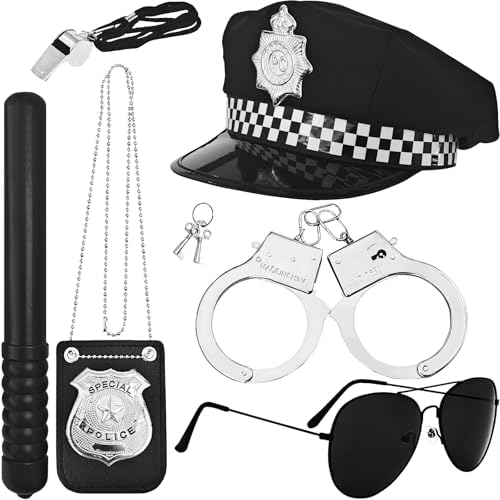 Police Costume Accessories Cop Hat Handcuffs Badge Whistle Baton Sunglasses for Officer Theater Dress Up Theme Party Halloween Christmas Gifts