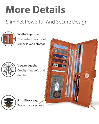 Image of Women's Slim Wallet,Thin RFID Card Holder with Zipper Pocket | 12 Slot Wallet Organizer, Large Capacity, Vegan Leather, Coin Purse, Cash Compartment, Travel Wallet, Women Gift