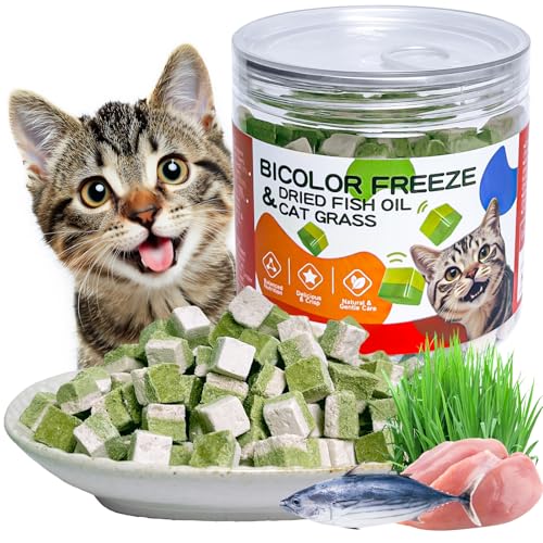 ZHSteveG Freeze-Dried Cat Grass Treats with Omega-3 Fish Oil Blend - Hairball Control Skin & Coat Health for Cats (Chicken & Fish Oil 1.76 oz)