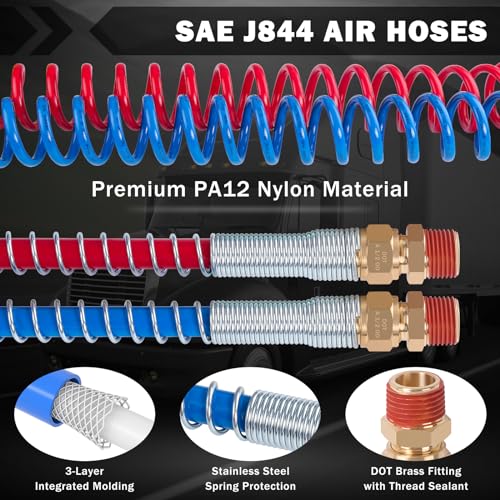 Image of CheeMuii 15 Ft Coiled Air Brake Hoses & ABS Electrical Power Wire Assembly Kit 3 in 1 Semi Truck Air Lines Kit Coiled 7 Way Trailer Cord and Air Brake Hoses for Semi Trucks Trailers Tractors