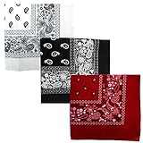 Paisley 3 piece Assorted Cotton Bandanas (White / Black / Cardinal)