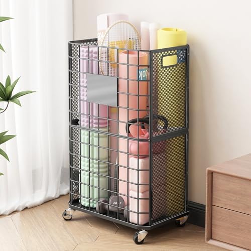 UMDONX Yoga Mat Storage Rack with Wheels – Metal Rolling Organize...