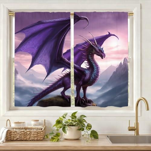Western Magic Dragon Vintage Kitchen Window Curtains Funny Unique Dinosaur Boys Animal Print Retro Cafe Curtains Sets for Windows Light-Filtering, for Living Room Bedroom Bathroom 27.5 x 39 IN Purple