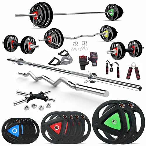 Image of DREAM FIT Rubber Coated Metal Integrated Weight Plates 50Kg Professional Home Gym Combo with 23mm 3ft curl rod, 23mm 5ft straight rod, 1 pair dumbbell rods with steel nuts and gym accessories (50kg set)