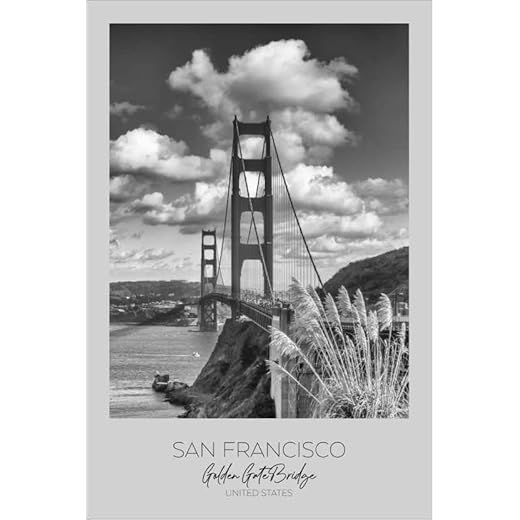 San Francisco, Golden Gate Bridge Canvastavla av Melanie Viola Tavlor för varje rum 20 x 30 cm Svartvitt Sevärdheter Väggdekoration