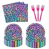 96 Pcs Neon Rainbow Leopard Birthday Tableware Set Girl's Sparkly Paint Splatter Cheetah Party Supplies for 24 Guests Rainbow Leopard Print Pattern Birthday Dinnerware
