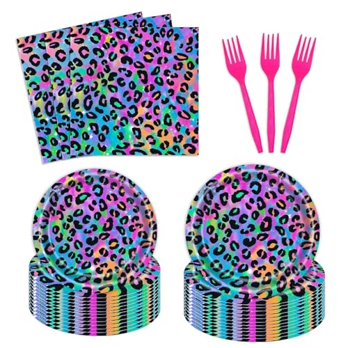 96 Pcs Neon Rainbow Leopard Birthday Tableware Set Girls Sparkly Paint Splatter Cheetah Party Supplies for 24 Guests Rainbow Leopard Print Pattern Birthday Dinnerware