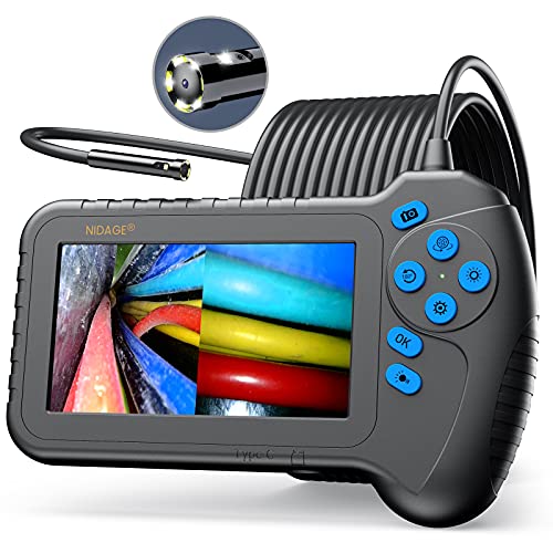 Dual Lens Industrial Endoscope with 5 Monitor, 1080P Inspection Camera with 8.0mm IP67 Waterproof Camera, Digital Borescope Sewer Camera with 7 LED Lights,16.5FT Semi-Rigid Cable, 32GB Card